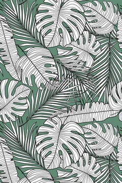 Motif à plat : monsteras, palmes et feuilles de bananier au trait noir remplies de blanc sur vert sauge.
