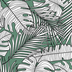Gros plan de l'impression : les nervures noires d'une feuille de monstera blanche sur le fond vert.