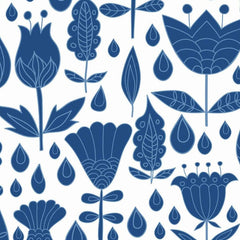 Gros plan de l'impression : bord net d'une corolle indigo et rainures blanches à l'intérieur des pétales.