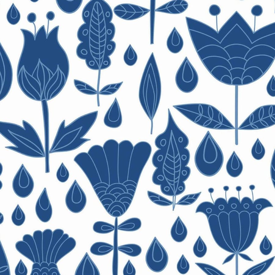 Gros plan de l'impression : bord net d'une corolle indigo et rainures blanches à l'intérieur des pétales.
