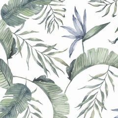 Gros plan de l'impression : les auréoles d'aquarelle d'une feuille et les veines bleutées d'une palme.