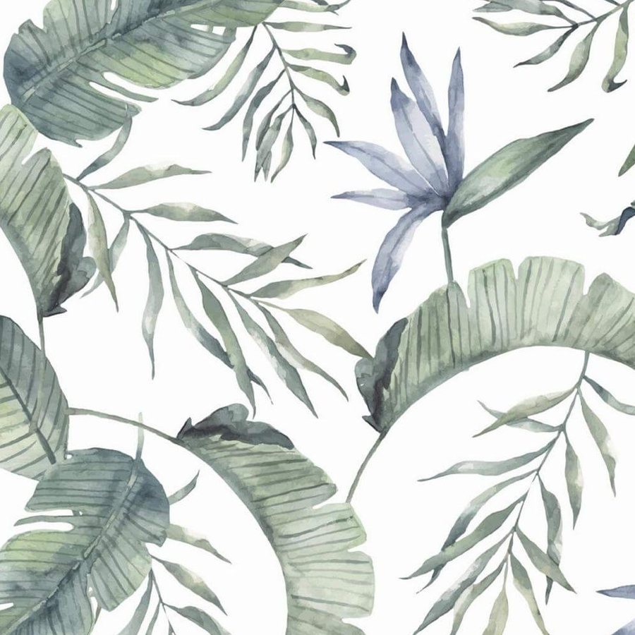 Gros plan de l'impression : les auréoles d'aquarelle d'une feuille et les veines bleutées d'une palme.