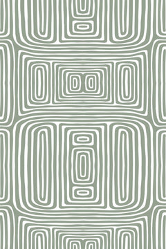 Motif à plat : lignes blanches concentriques formant des rectangles arrondis emboîtés sur vert sauge grisé.