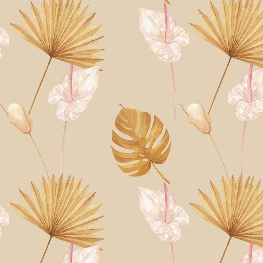Gros plan de l'impression : les plis d'un éventail de palme doré et le dégradé rosé d'une spathe.