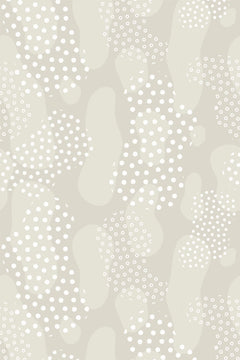Motif à plat : formes arrondies beige grège superposées, une partie semée de pois blancs de tailles inégales.