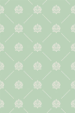 Motif à plat : petits médaillons damassés blancs en quinconce et losanges pointillés sur vert sauge.