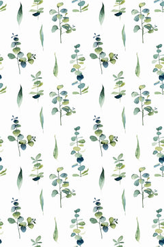 Motif à plat : petits brins d'eucalyptus à feuilles rondes vert tendre, vert olive et bleu canard, baies bleu nuit, alignés en colonnes sur fond blanc
