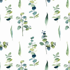 Gros plan de l'impression : feuille ronde d'eucalyptus au bord irrégulier, dépôt de pigment vert et baie bleu nuit