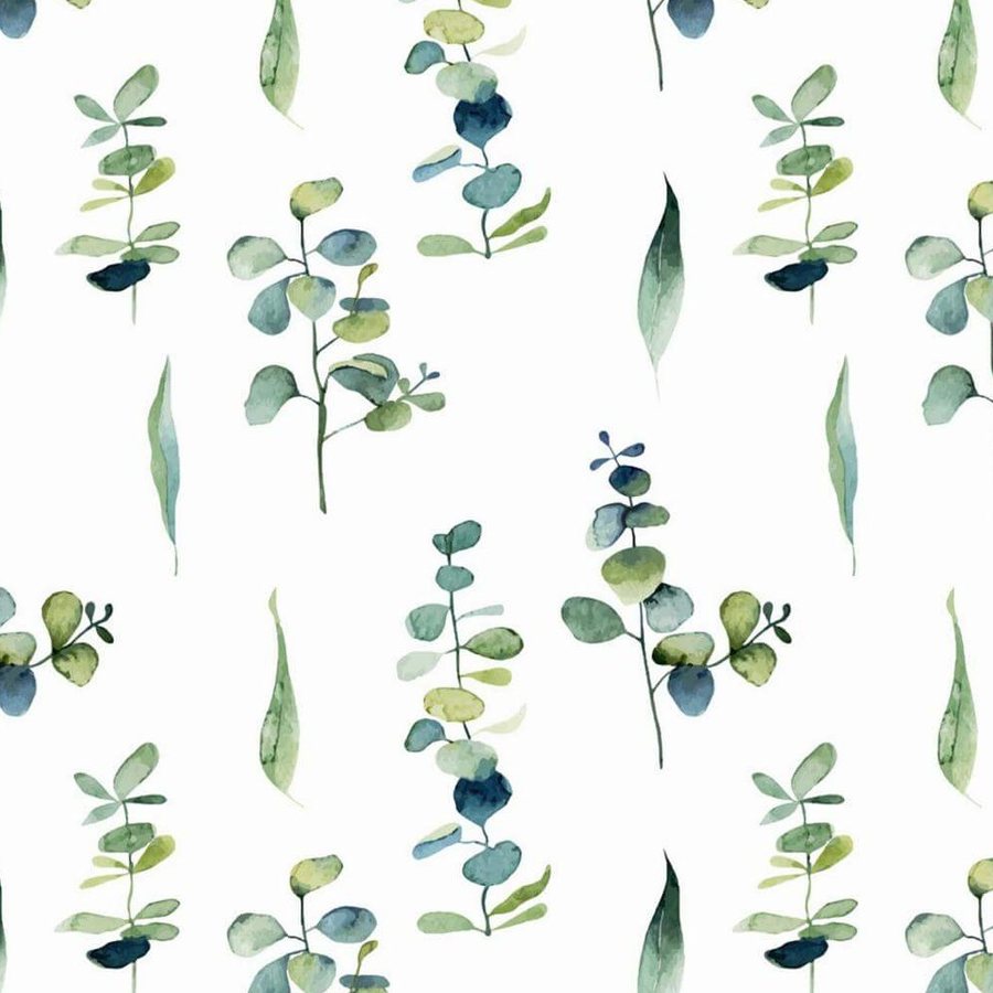 Gros plan de l'impression : feuille ronde d'eucalyptus au bord irrégulier, dépôt de pigment vert et baie bleu nuit