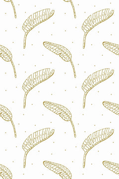 Motif à plat : grandes feuilles de bananier au trait ocre doré et petits points, en rangées décalées sur fond blanc.