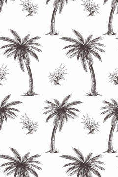 Motif à plat : grands cocotiers et petits palmiers dessinés au trait brun sépia sur fond blanc.