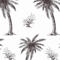 Gros plan de l'impression : les hachures fines d'une palme et l'écorce annelée d'un tronc courbé.