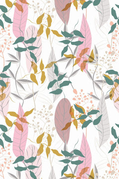 Motif à plat : feuilles rose poudré, vert sauge et jaune moutarde mêlées à des tiges grises et des baies corail sur fond blanc.