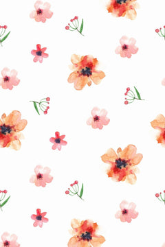 Motif à plat : fleurs aquarellées roses, corail et orangées au cœur bleu nuit sur fond blanc