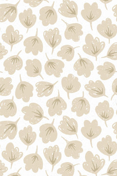Motif à plat : petites corolles en aplat sable clair, traits grège à l'intérieur, semées dans tous les sens sur un fond blanc cassé moucheté