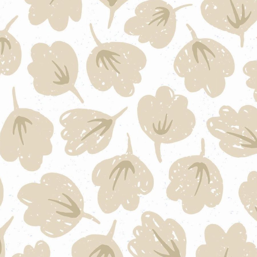 Gros plan de l'impression : contour irrégulier d'une corolle sable et traits grège figurant les pétales sur le grain du fond