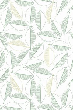 Feuilles au trait vert amande, certaines hachurées, d'autres jaune paille, sur fond blanc.
