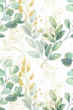 Motif à plat : branches d'eucalyptus vert d'eau et vert sauge mêlées à des tracés et épis dorés sur fond blanc.