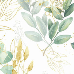 Gros plan de l'impression : le grain de l'aquarelle dans une feuille ronde et le liseré doré d'une tige voisine.