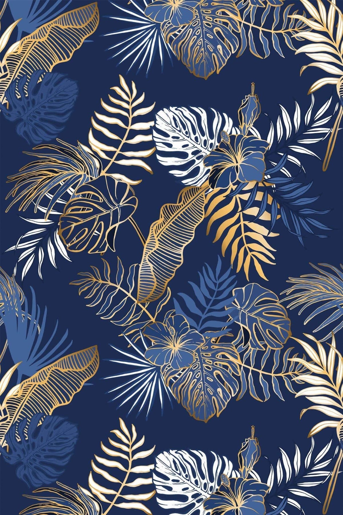 Feuillage Tropical Or sur Bleu Nuit, le motif seul