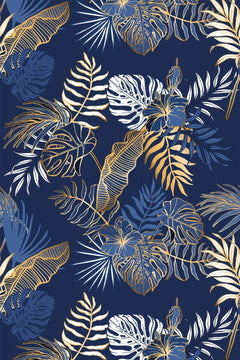 Motif à plat : monstera, palmes et feuilles de bananier or, blanc et bleu clair sur fond bleu marine