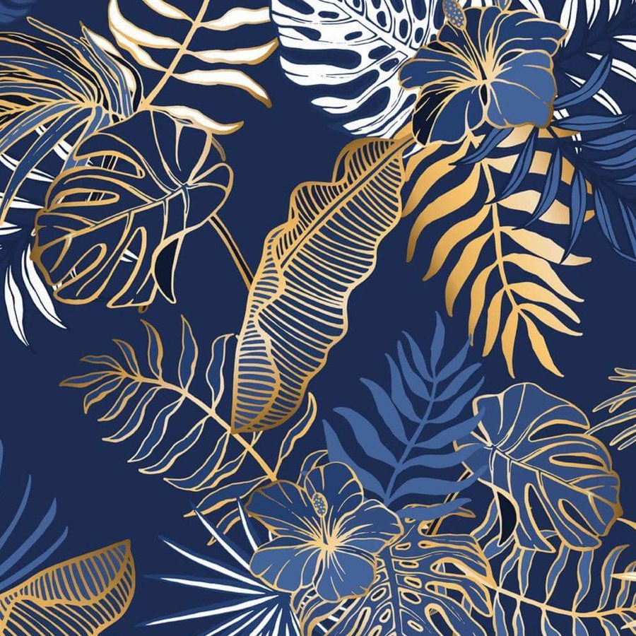 Feuillage Tropical Or sur Bleu Nuit, le motif seul