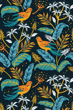 Motif à plat : oiseaux orange, feuilles de bananier turquoise et fleurs blanches étoilées sur fond bleu nuit.