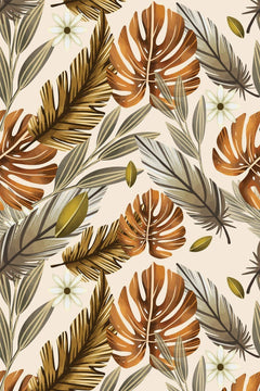 Motif à plat : monstera cuivrés, palmes doré moutarde et frondes vert sauge sur fond ivoire, ponctués de petites fleurs blanches
