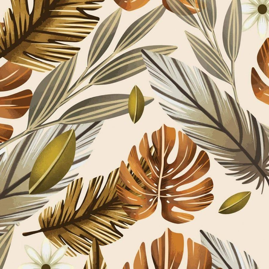 Gros plan de l'impression : pli d'une feuille de monstera cuivrée et barbes régulières d'une palme dorée