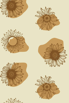 Grands tournesols au trait brun sur taches ocre et fond vert-jaune pâle.