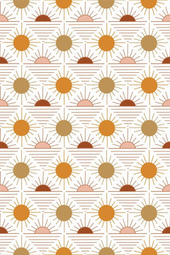 Motif à plat : soleils pleins jaune moutarde et doré kaki, demi-soleils rose poudré et brique, dans une grille de carrés au trait ocre sur fond blanc.