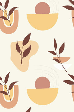 Motif à plat de demi-lunes jaune ocre, arches beige, taches amande et branches brun chocolat sur fond crème