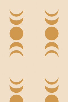 Motif à plat : colonnes verticales de croissants et de disques ocre doré sur fond beige sable.