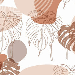 Gros plan de l'impression : trait brun continu d'une découpe de monstera posé sur un aplat terracotta