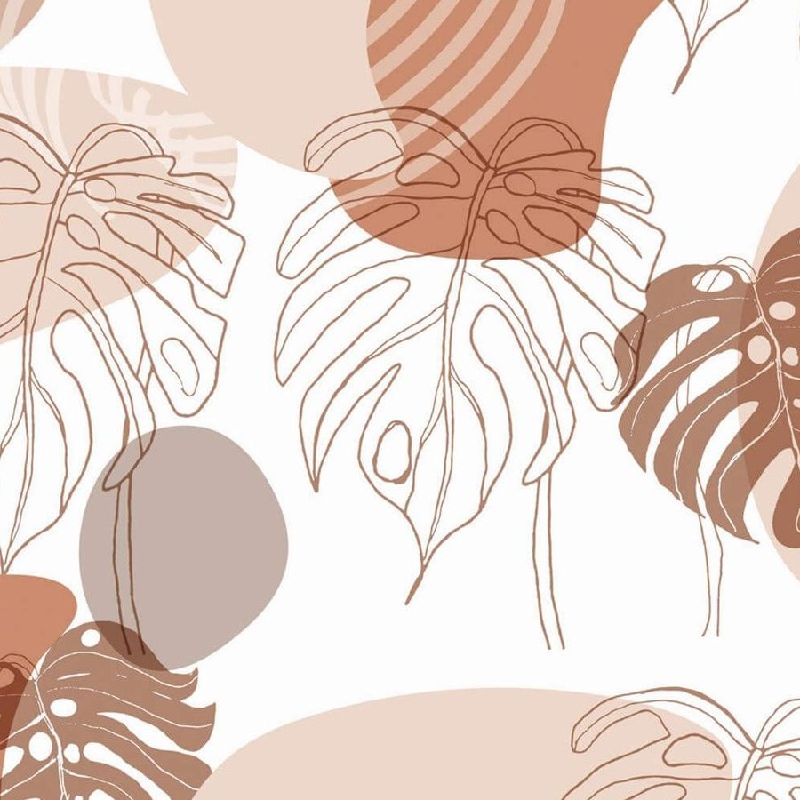 Gros plan de l'impression : trait brun continu d'une découpe de monstera posé sur un aplat terracotta
