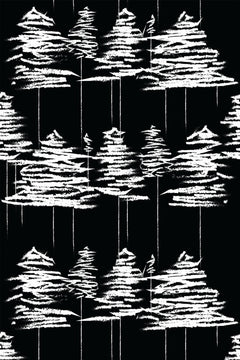 Le décor à plat : sapins tracés en traits de craie blanche sur fond noir, fines lignes verticales entre les arbres.