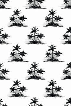 Motif à plat : bouquets de cocotiers noirs posés sur des bancs de sable gris, sur fond blanc.