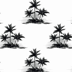 Gros plan de l'impression : les palmes noires griffées d'un cocotier et le lavis gris dilué sous son tronc.