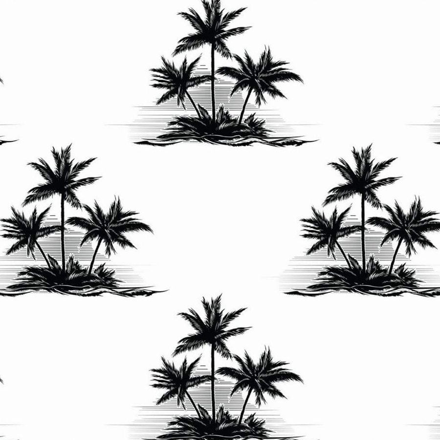Gros plan de l'impression : les palmes noires griffées d'un cocotier et le lavis gris dilué sous son tronc.