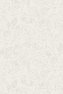 Motif à plat : roses, boutons et feuilles nervurées tracés au trait gris taupe sur fond écru.