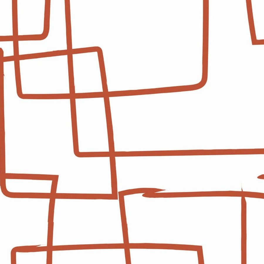 Gros plan de l'impression : le trait terracotta irrégulier et son croisement avec une autre ligne