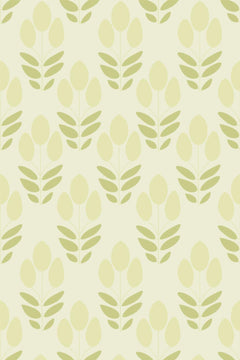 Motif à plat : rangées de tiges à bouton ovale crème et feuilles vert tilleul sur fond vert pâle