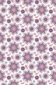 Le décor à plat : rosaces de feux d'artifice rouges et bleu marine sur fond blanc.