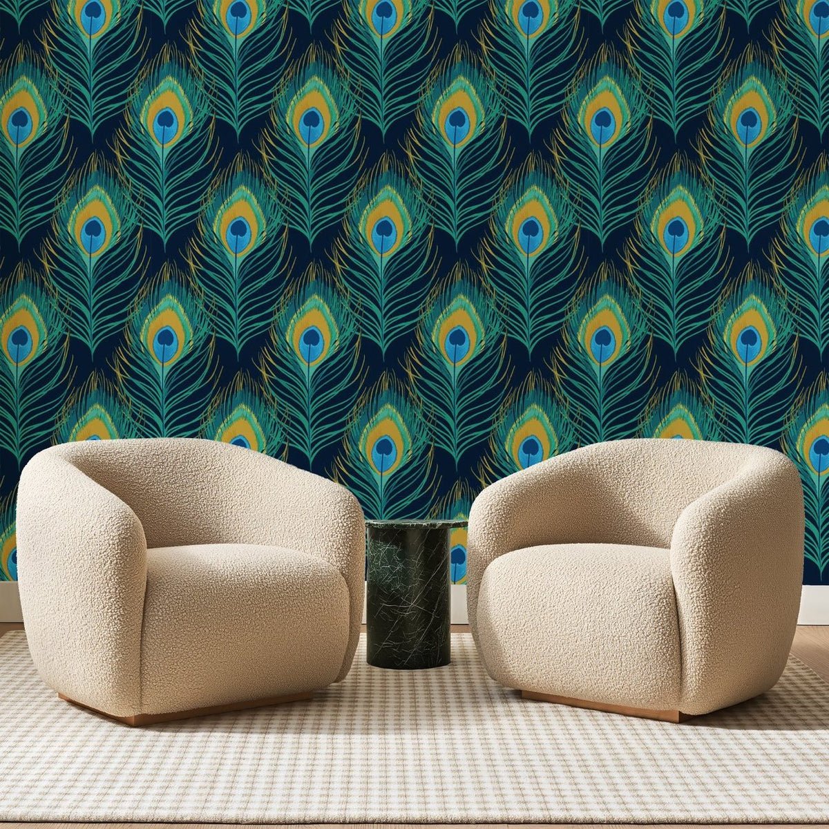 Papier peint panoramique Plumes de Paon Bleu Canard, posé sur toute la paroi d'un salon, derrière deux fauteuils en bouclette crème et un guéridon en marbre vert