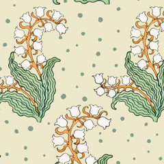 Gros plan de l'impression : contour ocre d'une clochette et stries d'une feuille verte.