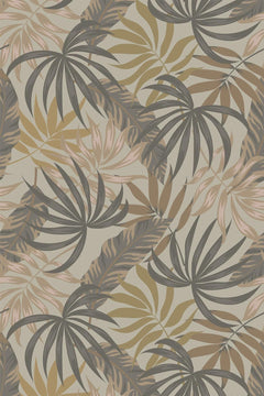 Motif à plat : palmes en aplats brun gris, ocre doré et brun moyen entrecroisées avec des fougères rose poudré sur un fond beige grège