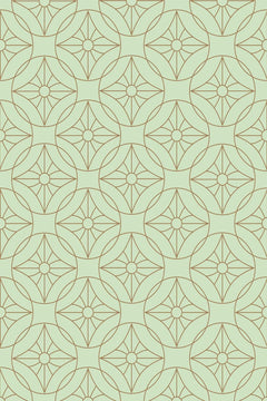 Motif à plat : réseau de cercles et de rosaces au trait cuivré sur un fond vert sauge.