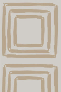 Motif à plat : carrés concentriques peints à la brosse en beige taupe sur fond gris perle.