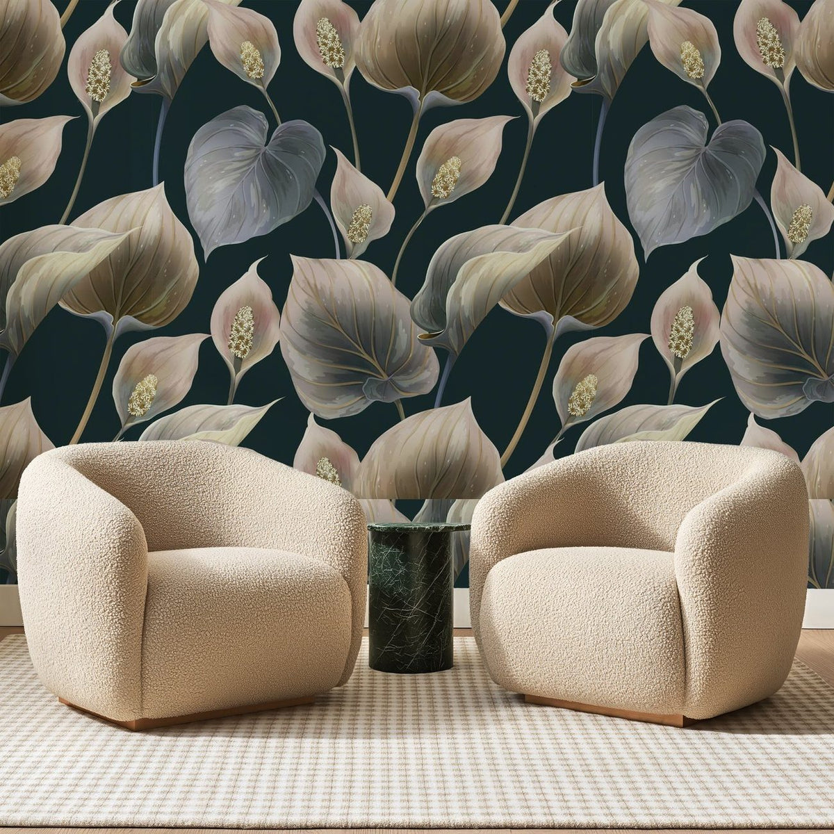 Arums Taupe sur Fond Sombre, en situation