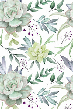 Motif à plat : rosettes de succulentes vert d'eau, feuilles d'eucalyptus et baies violettes sur fond blanc.